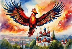 russian firebird in-flight with fancy tail and small onion cap monastery towers in background, incorporate Isaiah 43: 18-19 tattoo idea