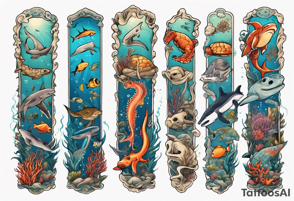 An arm sleeve of an aquatic scene of sea animals, including a hammerhead shark, a turtle, an octopus, and a colorful fish tattoo idea