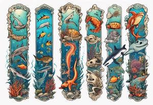 An arm sleeve of an aquatic scene of sea animals, including a hammerhead shark, a turtle, an octopus, and a colorful fish tattoo idea