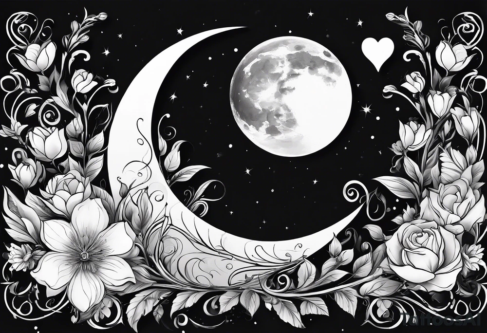 Crescent moon with a heart inside, shrouded by beautiful flowers with wisps of mist tattoo idea