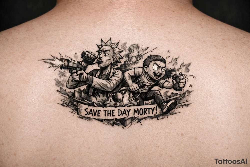 Rick drinking and shooting things and morty being reckless save the day morty , schuanch schuanch. tattoo idea