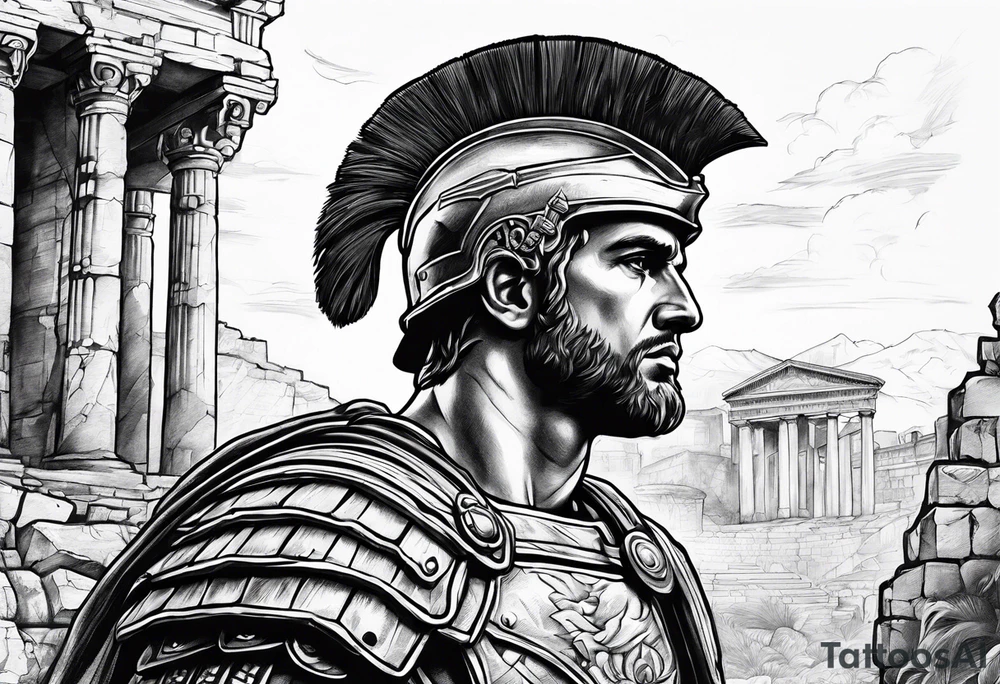 Roman soldier looking right at  ruins tattoo idea
