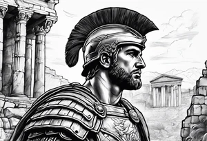 Roman soldier looking right at  ruins tattoo idea