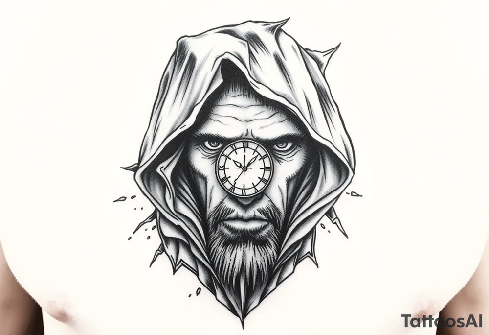 Un rostro masculino dividido en capas como una máscara que se rompe o se desvanece en viento o formas geométricas.

Dentro se ve un reloj o una brújula. tattoo idea