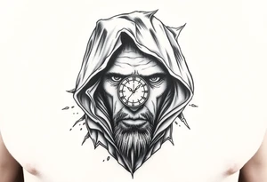 Un rostro masculino dividido en capas como una máscara que se rompe o se desvanece en viento o formas geométricas.

Dentro se ve un reloj o una brújula. tattoo idea