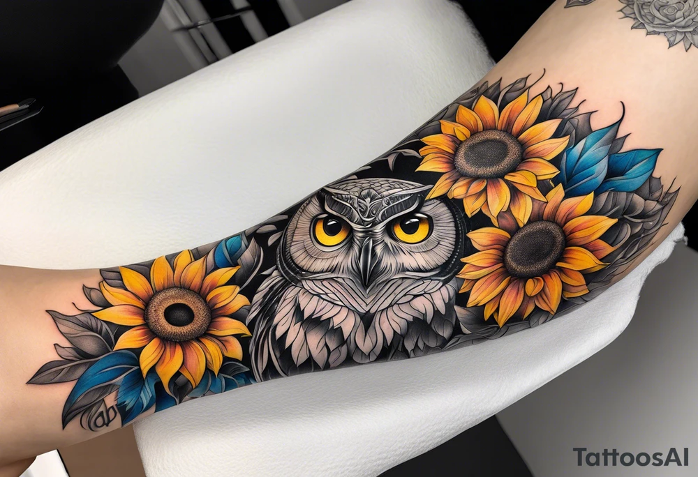 Leg sleeve with colorful sunflowers and an owl tattoo idea