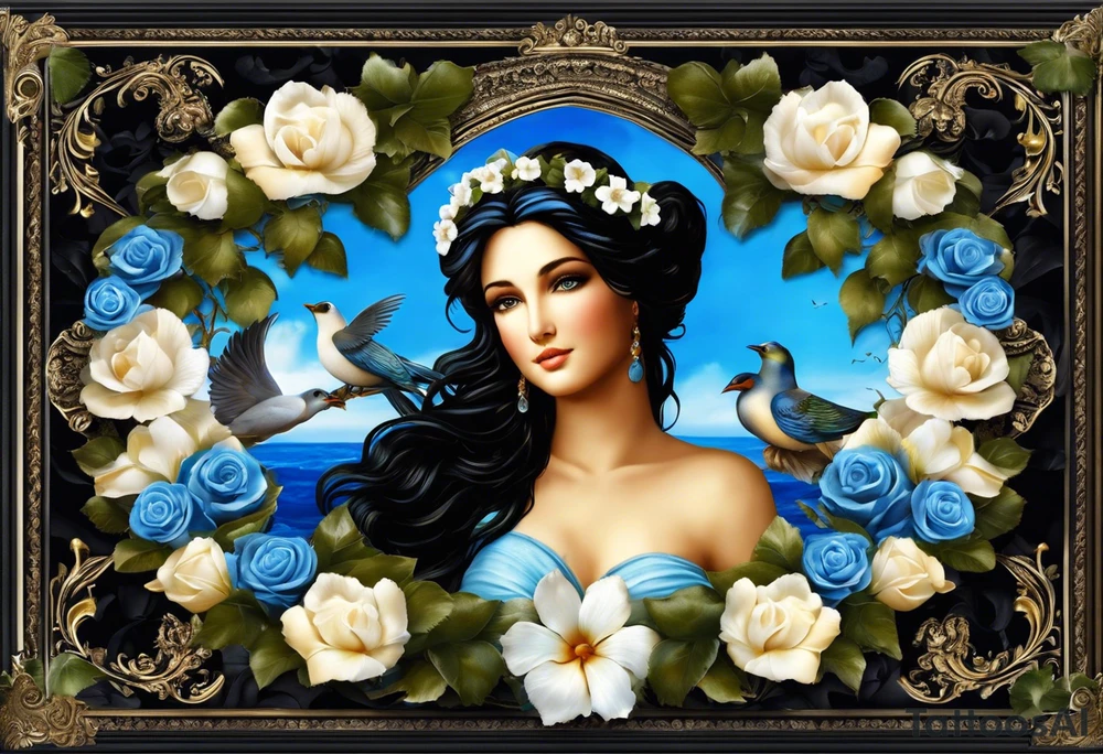Aphrodite is the goddess of love, with a seaside background, surrounded by birds.. blue roses frames, background blue,present it in a, black hair, love motives, herat,motifs expressing love and the feeling of lovePortrait of Aphrodite: A face or full-length image of the goddess, often in a realistic style, perhaps decorated with flowers, seashells, or doves.

Symbols: Known symbols of Aphrodite include the rose, doves, shells and the mirror. These symbols can be displayed individually or in combination in a tattoo.

Mythological Scenes: Depictions of various mythological stories of Aphrodite, such as her birth from sea foam, as depicted in Botticelli's famous painting ("Birth of Venus").

Flowers: Roses or other flowers often associated with Aphrodite can give a particularly romantic and elegant look to your tattoo.

Mythological elements: Other mythological elements and figures associated with Aphrodite, such as Eros (Cupid), the god of love who is the son of Aphrodite. tattoo idea