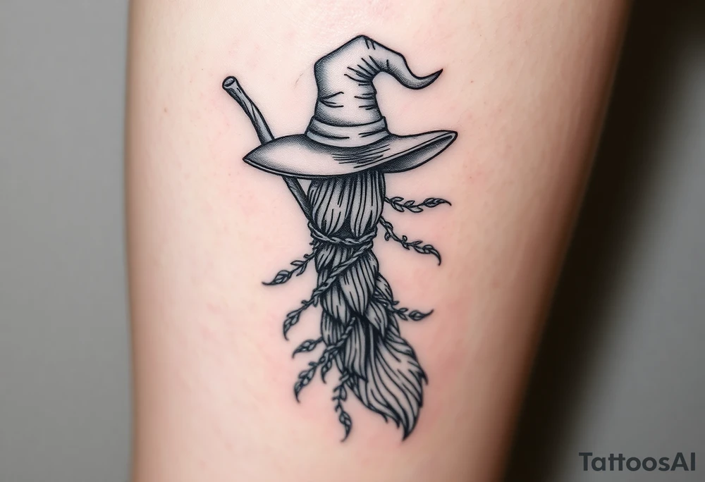 Which is broom with a witches hat with vines and feathers on your leg 
Smaller broom with hat placed on top or in the middle tattoo idea