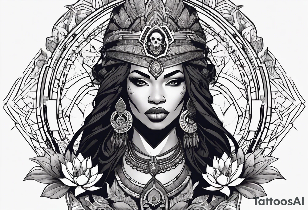 valkrye, kali, pirate, african goddess, , warrior, native american, lotus, zenza resonance, skulls, dragon, pachamama, left side face, chest, right wing, tattoo idea
