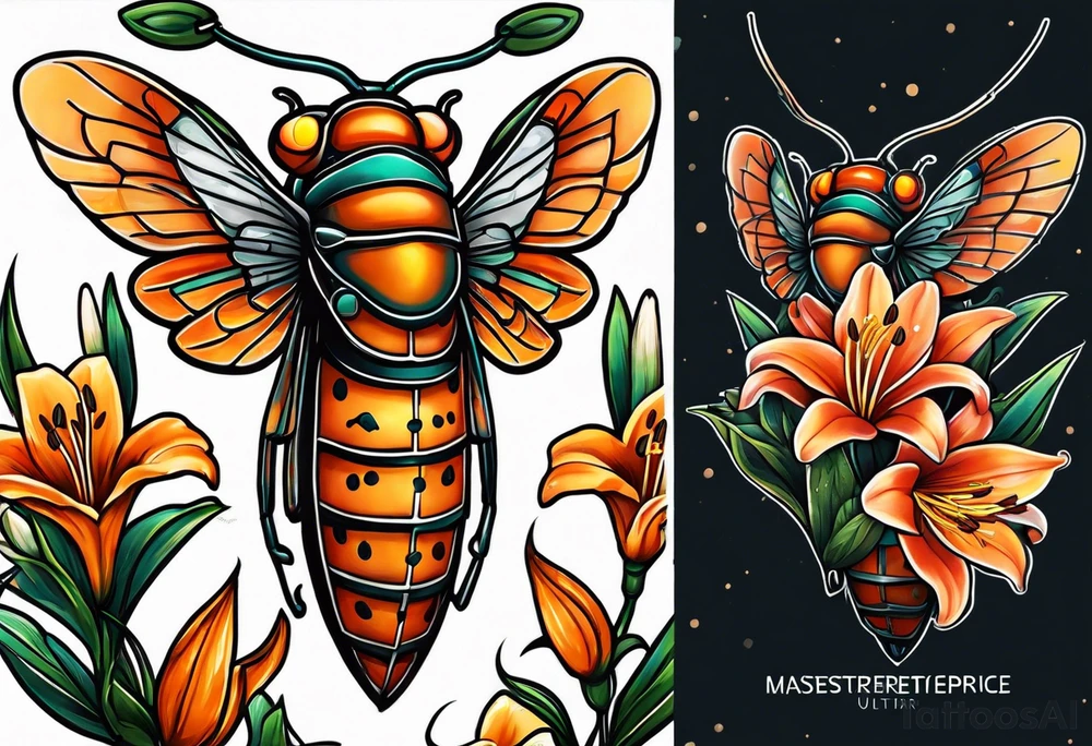 Neo traditional Cicada with orange lily tattoo idea