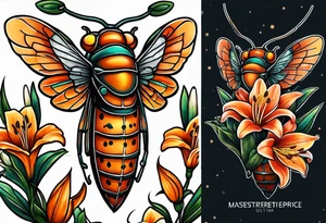Neo traditional Cicada with orange lily tattoo idea