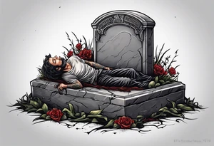 Man crawling out of grave. 
MIW Reincarnate written on gravestone tattoo idea