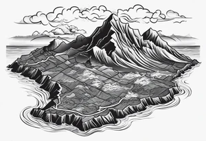 Map of the eastern Caribbean islands with an ocean view of the island mountains across the sea in the background tattoo idea