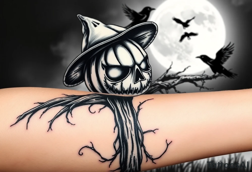 wicked sentinel pumpkin scarecrow. with moonlight in background. crows flying. ornamental fade. realistic very detailed pumpkinhead tattoo idea