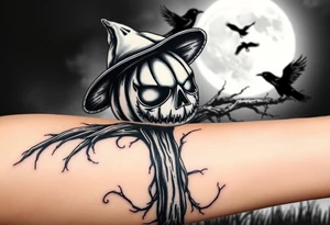 wicked sentinel pumpkin scarecrow. with moonlight in background. crows flying. ornamental fade. realistic very detailed pumpkinhead tattoo idea