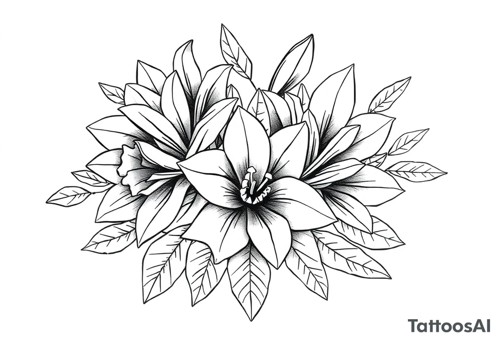 fine line flower bouquet that has daffodil, violet and narcisuss tattoo idea