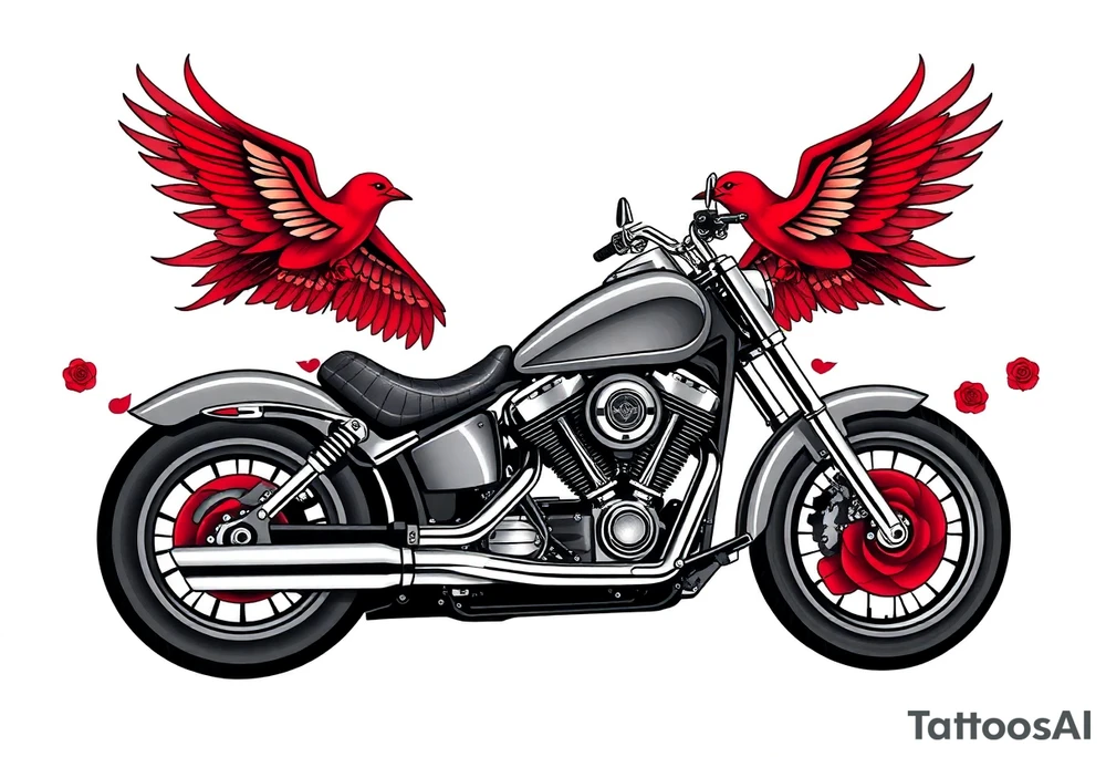 Harley grey motorcycle driving away, two red birds flying, roses, flames, angel wings tattoo idea