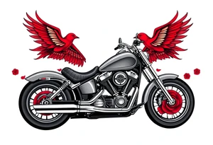 Harley grey motorcycle driving away, two red birds flying, roses, flames, angel wings tattoo idea