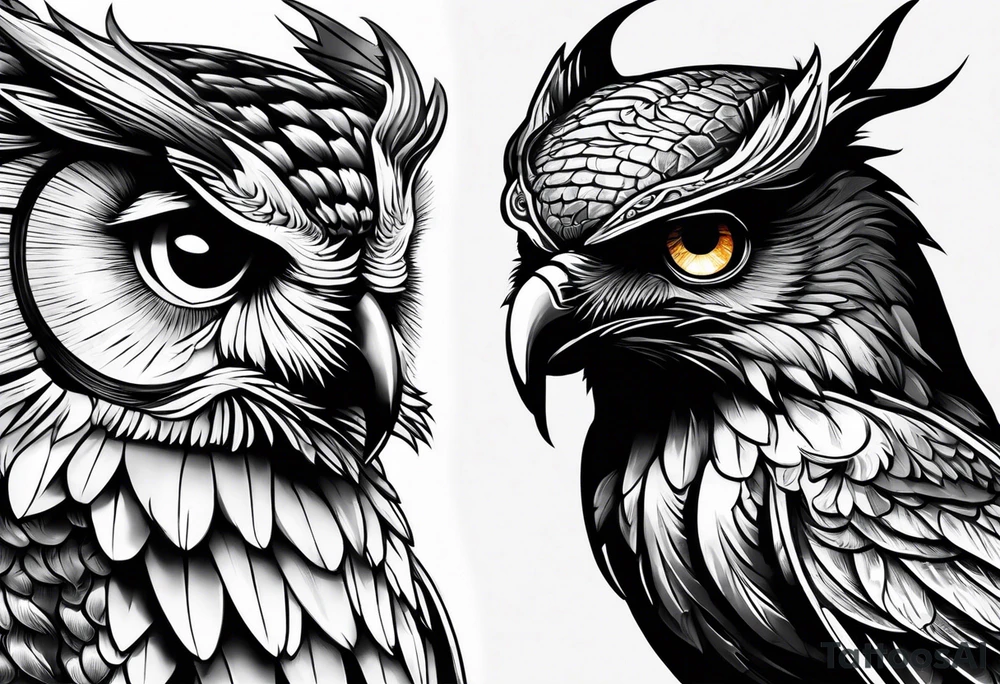 an owl head next to a winged dragon tattoo idea