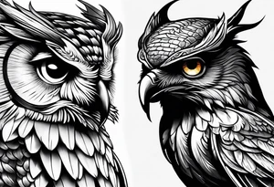 an owl head next to a winged dragon tattoo idea