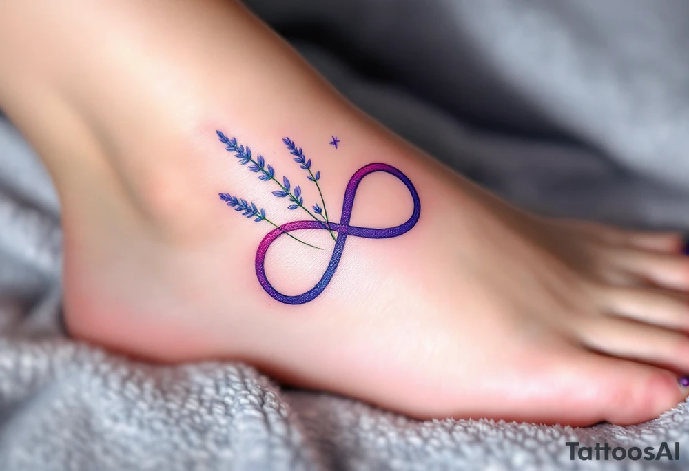 An infinity symbol intertwined with a lavender stem, with a soft ombré effect blending from violet to pastel pink. tattoo idea