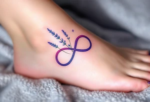 An infinity symbol intertwined with a lavender stem, with a soft ombré effect blending from violet to pastel pink. tattoo idea