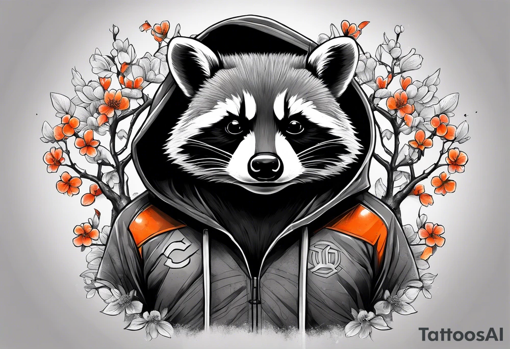 raccoon wearing a black and white Superman hoodie and orange Japanese cherry blossoms tattoo idea
