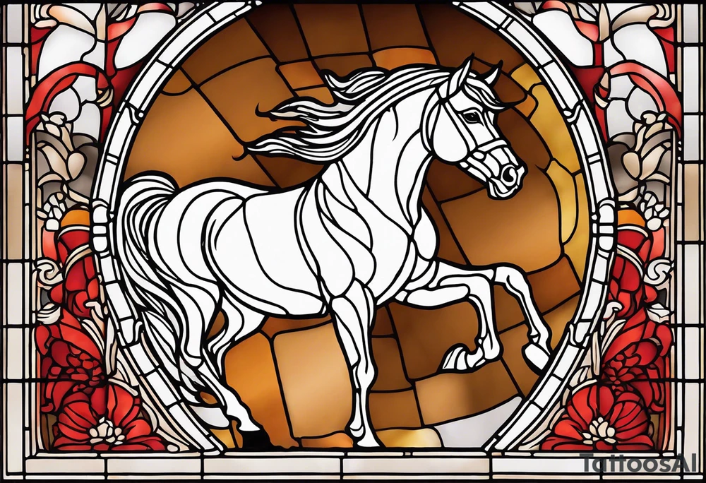 an arched stained glass window with a horse's head. The horse is red and brown colour. tattoo idea