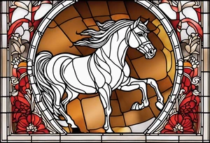 an arched stained glass window with a horse's head. The horse is red and brown colour. tattoo idea