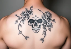 gothic skull intertwined with climbing roses and thorny vines tattoo idea
