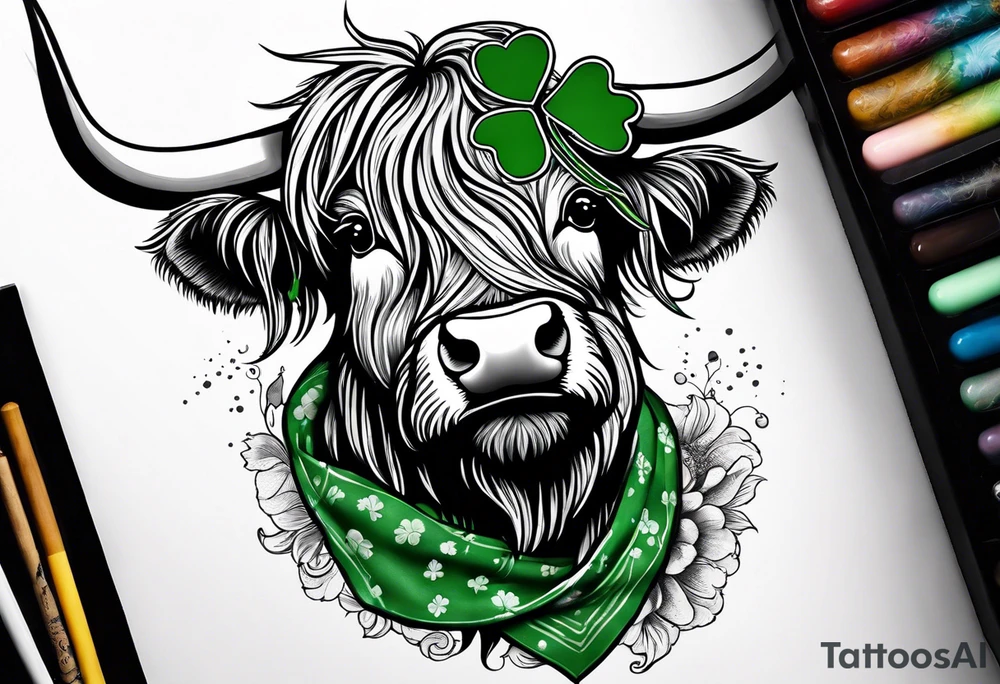 A highland cow that has a bandana with a shamrock around its neck is riding Nessie tattoo idea