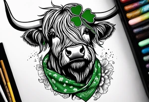 A highland cow that has a bandana with a shamrock around its neck is riding Nessie tattoo idea