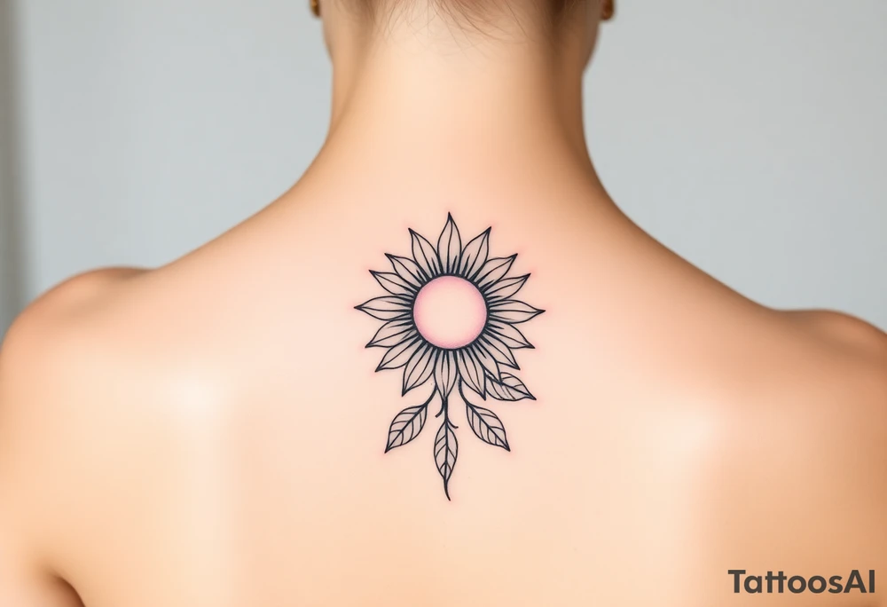 Fine line spine tattoo with sun centered in the middle with a sunflower and a bit of beach theme tattoo idea