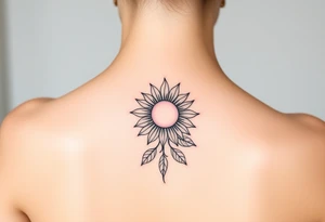 Fine line spine tattoo with sun centered in the middle with a sunflower and a bit of beach theme tattoo idea