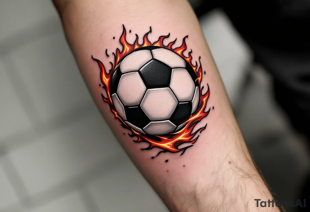 A realistic black and white soccer ball with fiery orange and red flames trailing behind it. tattoo idea