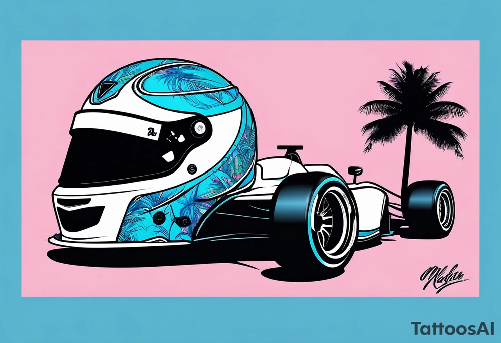 Formula 1 helment with the Miami name a palm tree and light blue black and pink colors 3/4 view tattoo idea