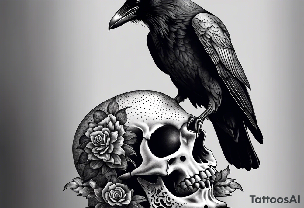 Raven standing on a skull tattoo idea