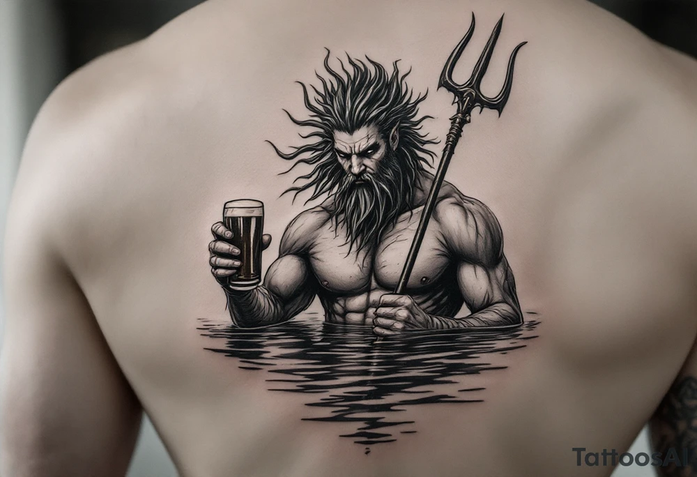 poseidon in calm water, holding a trident, holding a beer tattoo idea