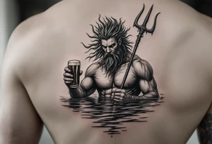 poseidon in calm water, holding a trident, holding a beer tattoo idea