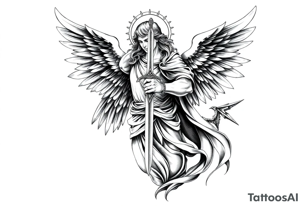 Archangel Michael holding a sword, ready for battle, defeating Lucifer tattoo idea