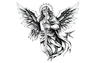 Archangel Michael holding a sword, ready for battle, defeating Lucifer tattoo idea