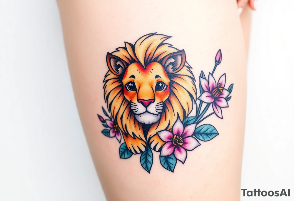 Lion with larkspur and water lilies tattoo idea