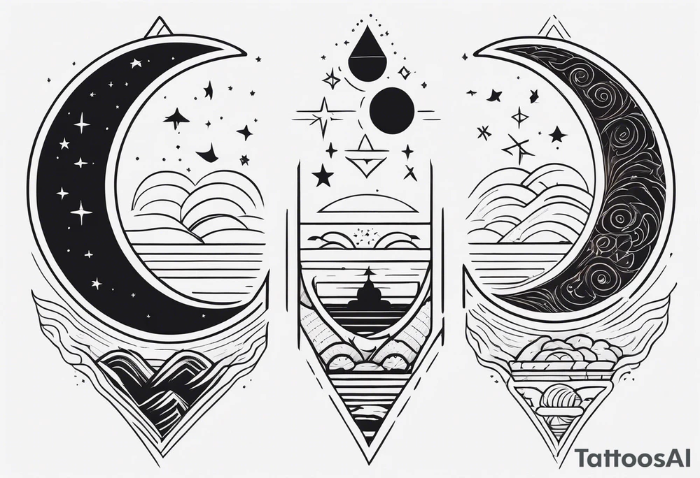 Long narrow line spine tattoo. Includes moon, stars and ancient symbols. Minimal design. Less cartoon tattoo idea