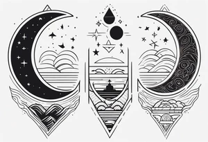 Long narrow line spine tattoo. Includes moon, stars and ancient symbols. Minimal design. Less cartoon tattoo idea