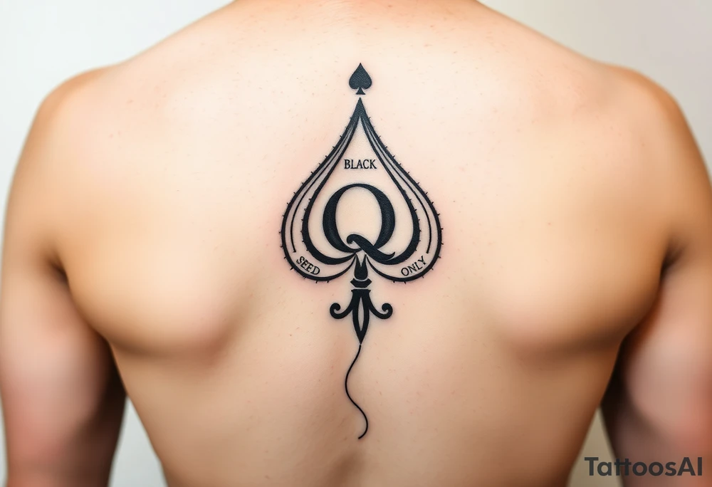 A spade womb tattoo with a Q in the center, with three points around the outside. The first reading, "BLACK". The second reading, "SEED". The third reading, "ONLY". A winding tail at the bottom of the spade. tattoo idea