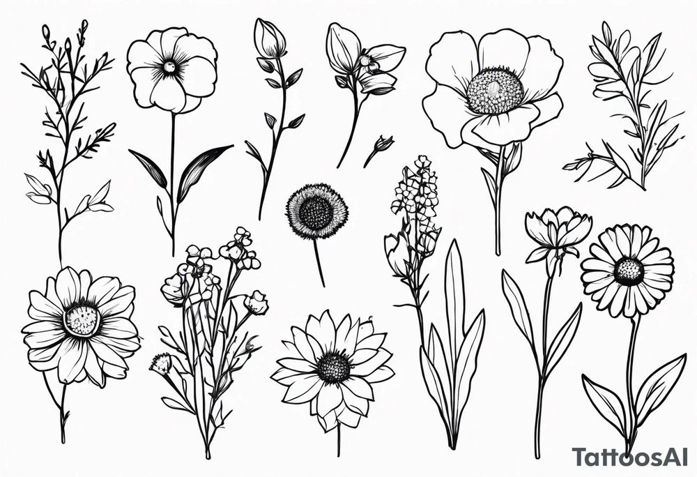 wildflower bouquet with birthflowers for April, May, June, august, october, november tattoo idea
