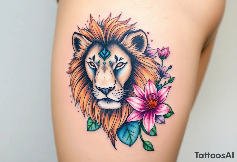 Lion with larkspur and water lilies tattoo idea