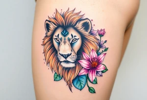Lion with larkspur and water lilies tattoo idea
