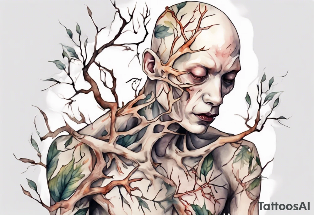 a pale man made out of tree branches tattoo idea