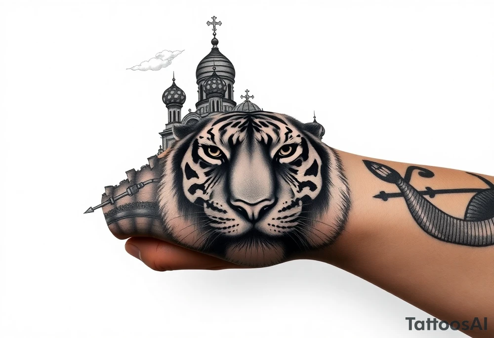 Realistic tiger face on the back of the hand with strong contrast and fine detail with hollow black eyes. with a highly detailed Russian Orthodox cathedral sitting above on fore arm with onion domes and orthodox crosses, done in fine line, engraving-like style. Cohesive composition, black ink only, no color, high contrast, slightly aged, documentary-style, plain light background. with clouds above and a virgin mary tattoo idea